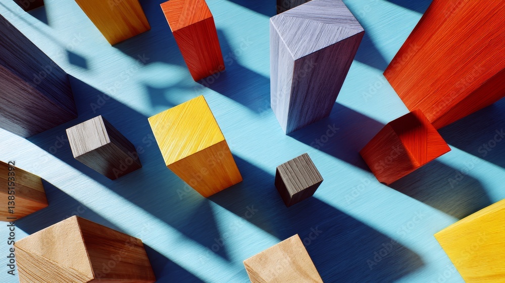 Poster An artistic arrangement of colorful wooden blocks forms a vibrant and playful interpretation of a futuristic cityscape, highlighted by angular shadows