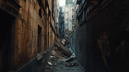 Fototapeta premium A narrow alley with a collapsed wall from one side, debris blocking the way