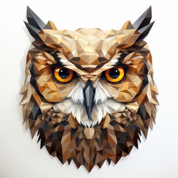 A stunning low poly owl portrait showcases eyes and intricate geometric detail in a striking brown and beige color palette crafted with precision for a captivating artistic