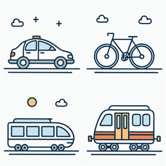 Naklejka premium Design a vector icon pack featuring bold stroke illustrations of various transportation modes cars, trains, planes, ships, bicycles. Include both land and air travel icons.