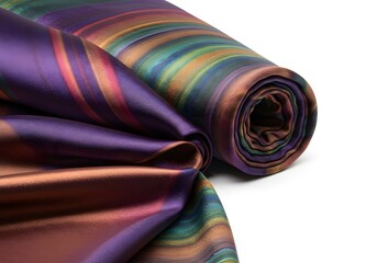Luxurious Rolled Silk Fabric Purple, Brown, Green and Gold Textile. Elegant Fashion Texture Detail, Decorative Background.