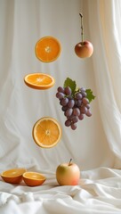 Floating Fruit Still Life Oranges, Grapes, and Apples in Mid-Air