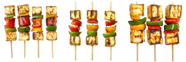 Triptych of grilled paneer and colorful bell pepper skewers.
