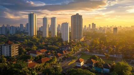 Obraz premium Sunrise cityscape, aerial view, residential area, golden hour, urban development, Indonesia