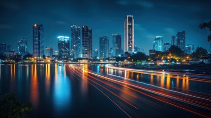 Fototapeta premium Night city river traffic light trails