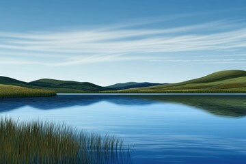 Obraz premium Calm lake and scenic grassy hills under a bright blue sky
