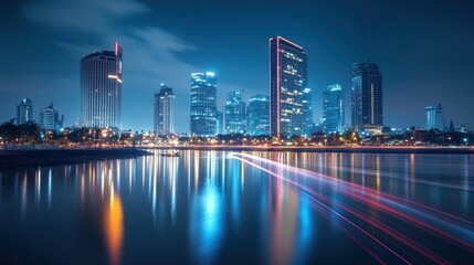 Fototapeta premium Night city skyline, waterfront lights, boat trail, urban scene