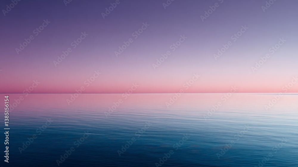 Poster a serene view captures a gradient sky blending deep purple and soft pink over a calm ocean, evoking 