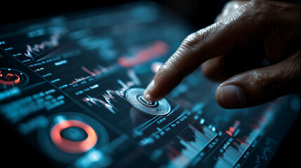 Obraz premium Digital currency specialist configuring blockchain investment interface, market volatility visualization, security protocol implementation, portfolio diversification strategy