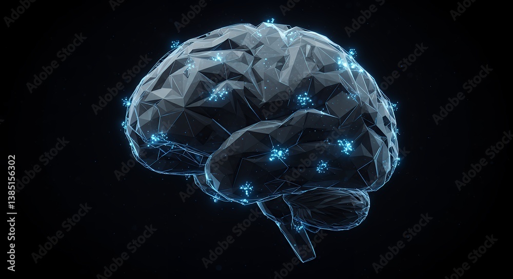Poster abstract polygonal brain model with glowing connections representing intelligence and artificial int