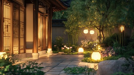 Fototapeta premium Illuminated Chinese Garden Courtyard at Dusk