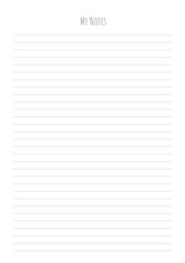 MY NOTES blank sheet of paper with straight parallel lines on white isolated background. Vector illustration.
