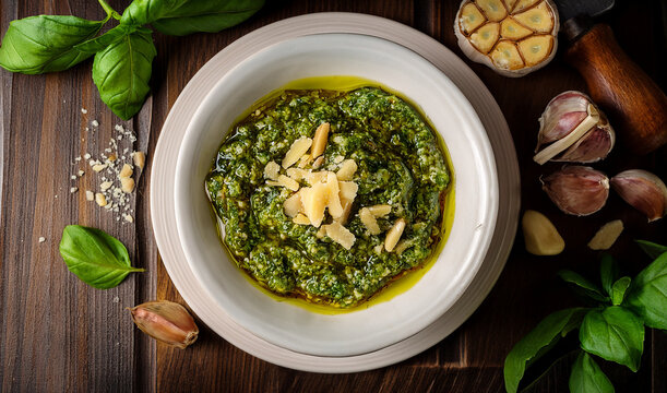 basilikum pesto in einem runden keramik teller auf einem Holztisch,  mit Parmesan, Knoblauch und Pinienkernen
