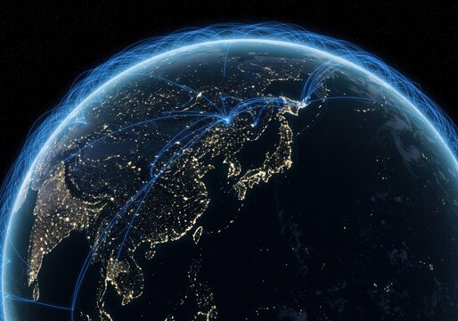 The glowing lines represent global connections, illustrating communication across the planet.