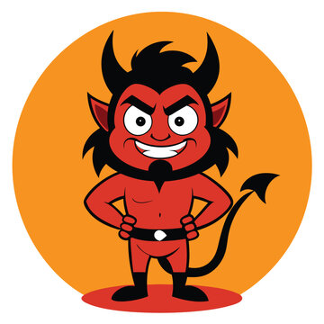 recommend clip art: Cartoon Red Devil Character with Horns, Black Hair, Tail, and Orange Circle