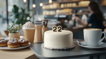 Modern Coffee Shop Setting with 22nd Party Cake and Beverages for Celebration