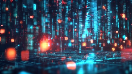 Digital data stream flowing, futuristic city backdrop, cybersecurity concept