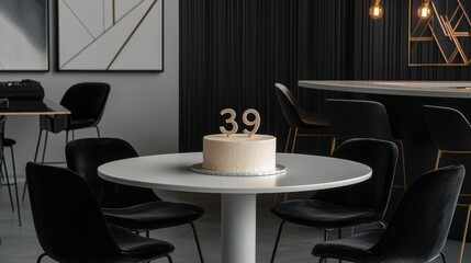 Modern High Contrast 39th Birthday Celebration Scene with Cake and Stylish Decor