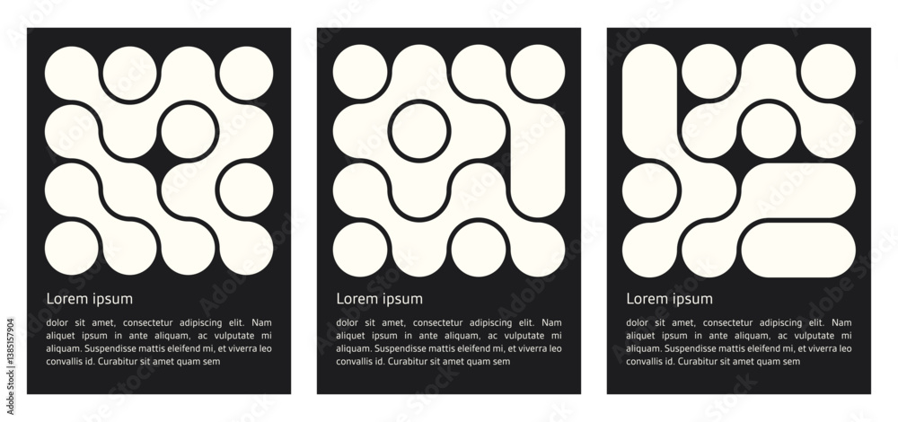 Wall mural set of black poster with geometric shapes pattern. liquid connected dots, line shapes. elements form