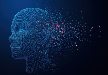 Obraz premium A digital rendering shows a wireframe head dissolving into pixels, signifying ai and data.