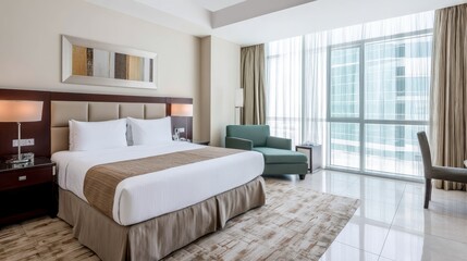 Fototapeta premium This contemporary hotel room showcases a neatly made bed, a cozy lounge chair, and elegant decor with soft lighting from large windows