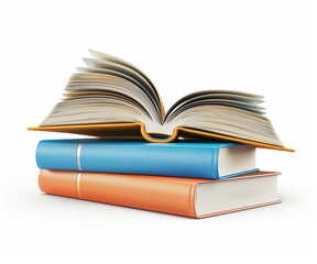 Fototapeta premium Stack of colorful hardcover books with one open book on top, isolated on white background. Ideal for concepts of education, learning, knowledge, literature, and academic study