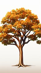 A vibrant low poly illustration of a rubber tree showcasing broad shiny leaves in autumnal orange and yellow hues against a clean white background.