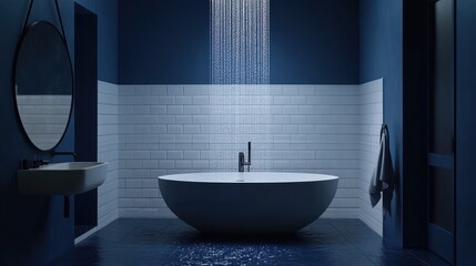 Modern bathroom, rain shower, oval tub, tranquil scene, interior design, home staging,  relaxation, spa