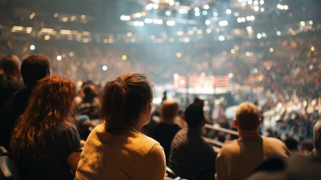 A crowded sports arena showcases a blank jumbotron as spectators watch intently, with vibrant lights illuminating the exhilarating atmosphere of the event
