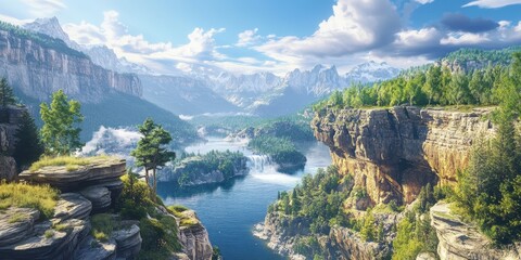 Obraz premium A breathtaking panoramic landscape featuring mountains and a flowing river