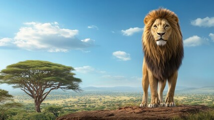 A 3D-rendered lion standing majestically with the Kenyan savanna stretching endlessly behind it