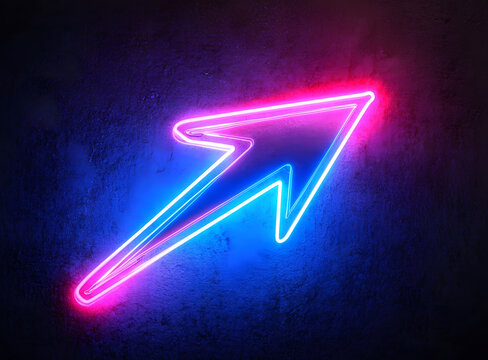 Vibrant neon arrow glows blue and pink, pointing diagonally with streaks of light on a dark backdrop. Electric and modern design.