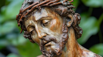 Close-up of a sorrowful Christ statue, detailed carving, crown of thorns, religious art