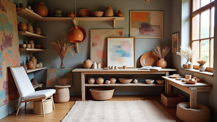 Rustic Pottery Studio Interior with Natural Light and Earthy Tones