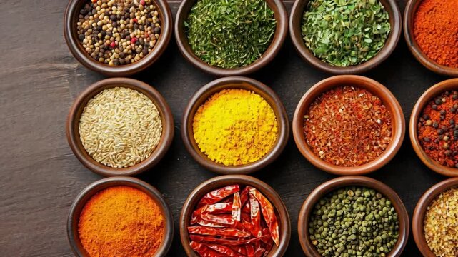 Assortment of colorful spices arranged in wooden bowls on dark surface creates a vibrant culinary display