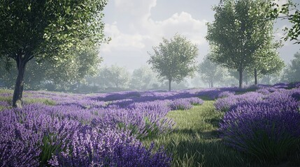 Naklejka premium Serene lavender field in a misty sunlit grove.