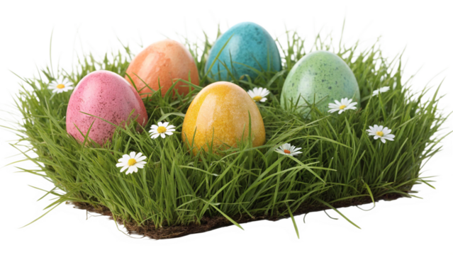 A template of a collection of painted easter eggs celebrating a Happy Easter with green meadow grass against a transparent background.