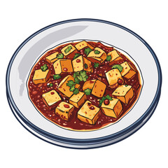Create a bold vector illustration of a steaming bowl of Mapo Tofu, showcasing rich textures and vibrant colors.  Include chili oil and tofu cubes.