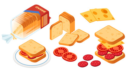 Collection of bread products and sandwich ingredients. Bread loaf with packaging. Sliced bread. Cheese and tomato slices. Prepared sandwich with ingredients. Vector illustration isolated on white