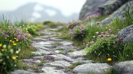 Obraz premium Serene Mountain Path: A Blooming Springtime Walk