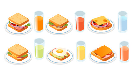 Collection of sandwiches with beverages. Complete meal combinations. Various sandwich types. Glasses with different drinks. Breakfast and lunch options. Vector illustration isolated on white