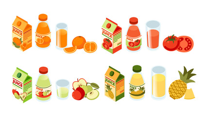 Isometric set of drink containers with fruits. Juice boxes and bottles. Beverage collection. Fresh fruit drink packaging. Vector illustration isolated on white background