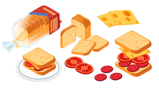 Collection of bread products and sandwich ingredients. Bread loaf with packaging. Sliced bread. Cheese and tomato slices. Prepared sandwich with ingredients. Vector illustration isolated on white