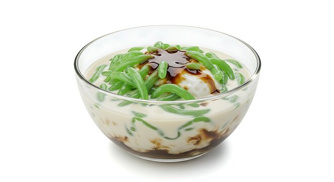 Serving Chendol Dessert in Clear Bowl with Green Jelly Noodles