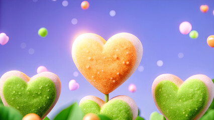 Fototapeta premium Colorful Heart Candies on Purple Background with Floating Sprinkles