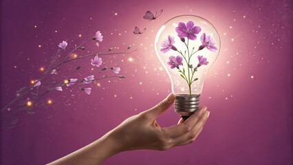 Hand holding light bulb with blooming purple flowers inside