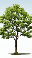 Fototapeta premium A digitally rendered low poly model of a straight teak tree with lush green foliage stands tall against a clean white background illustrating vibrant nature.