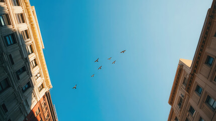 Looking up at birds flying over city buildings against blue sky view image