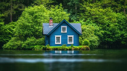 Obraz premium Secluded blue cabin on tranquil lake, surrounded by lush green forest.