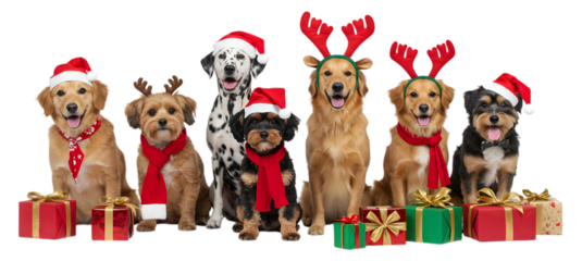 Group of christmas dogs wearing santa hats sitting with gift boxs and holiday sweaters isolated on a transparent background
